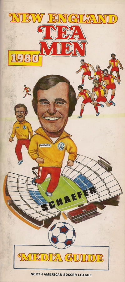 An illustration of Head Coach Noel Cantwell on the cover of the 1980 New England Tea Men media guide from the North American Soccer League