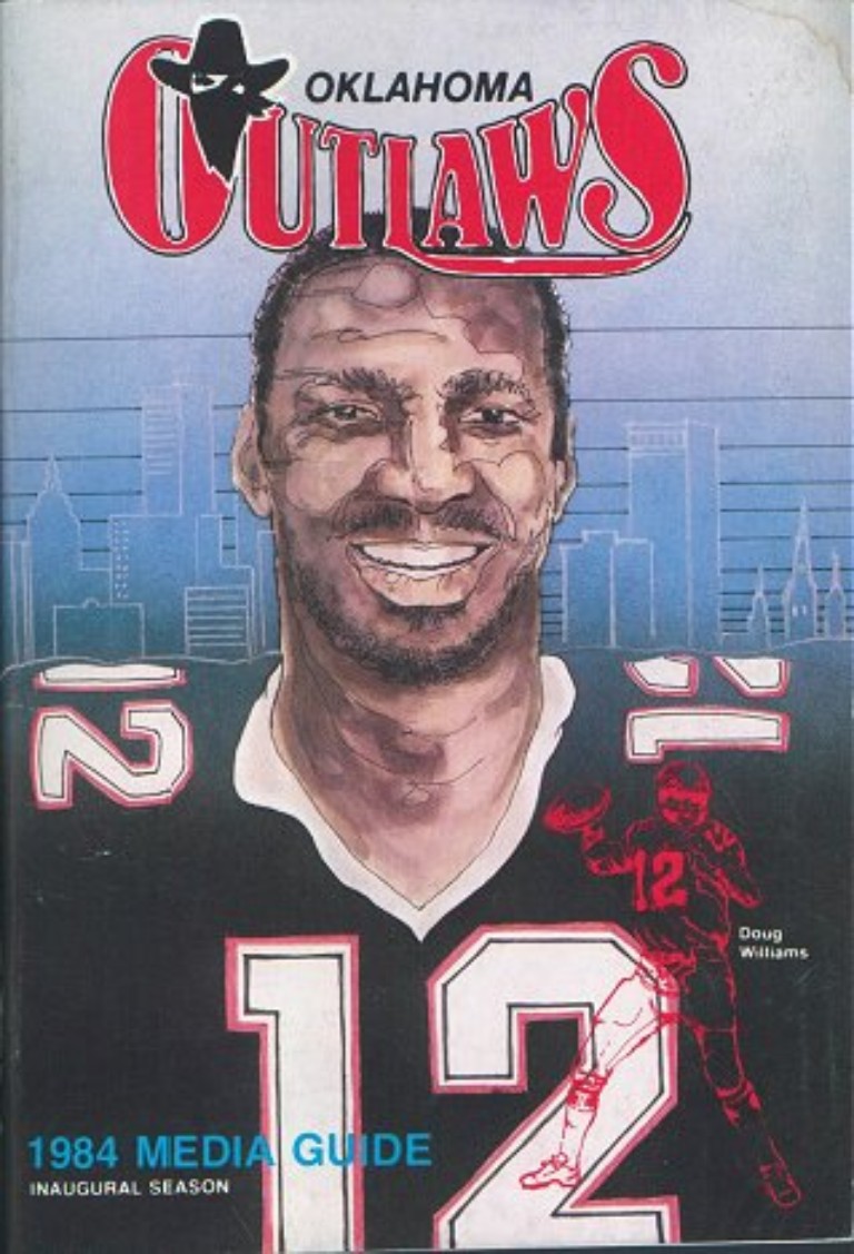 Illustration of quarterback Doug Williams on the cover of the 1984 Oklahoma Outlaws media guide from the United States Football League