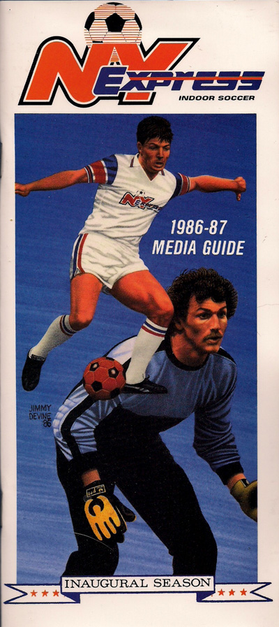 Illustrations of Rick Davis and Shep Messing on the cover of the 1986-87 New York Express Media Guide from the Major Indoor Soccer League