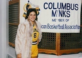 Cheryl Mohr posing in her Columbus Minks Women's American Basketball Association uniform in 1984