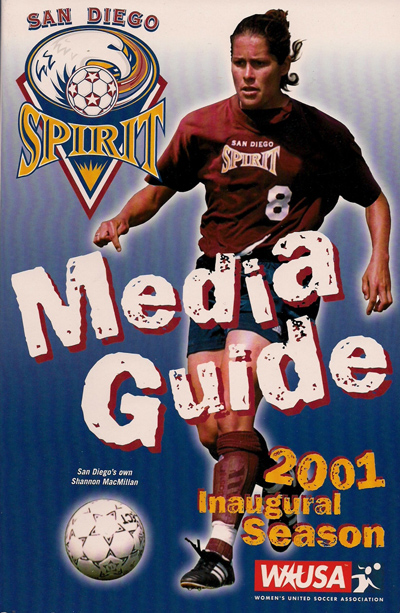 Shannon MacMillan on the cover of the 2001 San Diego Spirit media guide from the Women's United Soccer Association