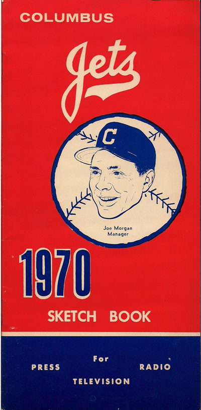 Illustration of manager Joe Morgan on the cover of the 1970 Columbus Jets baseball sketch book