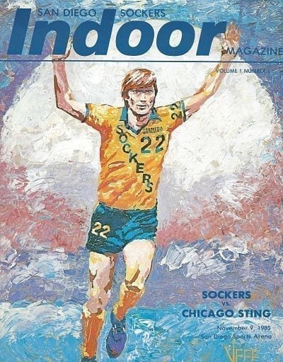 Juli Veee on the cover of a 1985 San Diego Sockers indoor soccer program