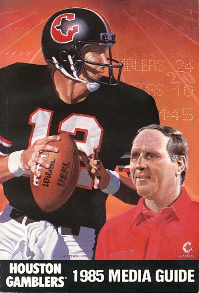 Illustration of quarterback Jim Kelly and Head Coach Jack Pardee on the cover of the 1985 Houston Gamblers media guide from the USFL
