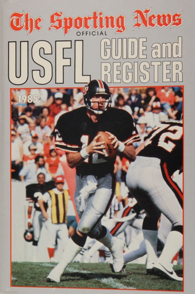 Houston Gamblers quarterback Jim Kelly on the cover of the 1985 Sporting News USFL Guide & Register
