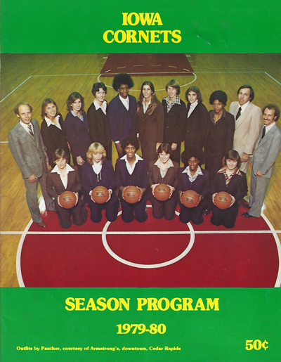 1979-80 Iowa Cornets team photo on the cover of a Cornets program from the Women's Basketball League