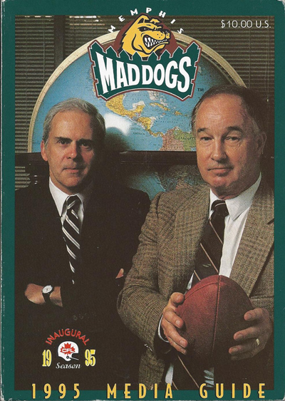 Owner Fred Anderson and Head Coach Pepper Rodgers on the cover of the 1995 Memphis Mad Dogs Media Guide