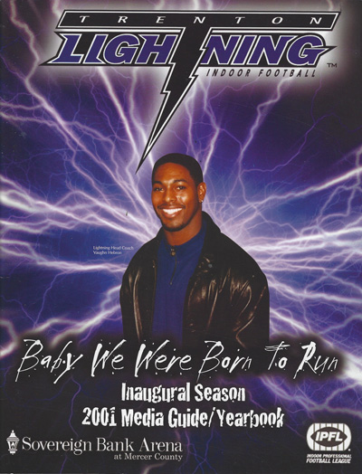 Head coach Vaughn Hebron on the cover of a 2001 Trenton Lightning program from the Indoor Professional Football League