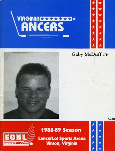 Gaby McDuff on the cover of a 1988-89 Virginia Lancers Program from the East Coast Hockey League