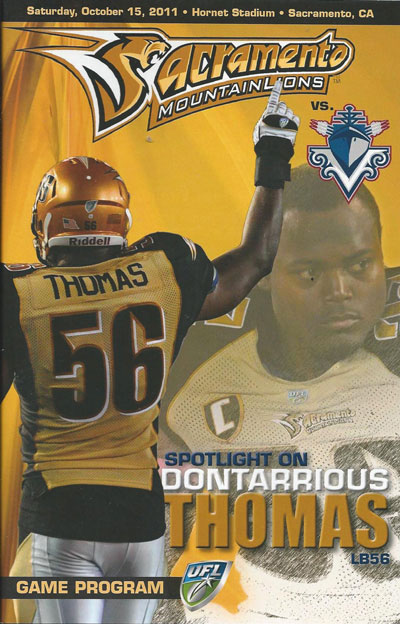 Dontarrious Thomas on the cover of a 2011 Sacramento Mountain Lions program from the United Football League