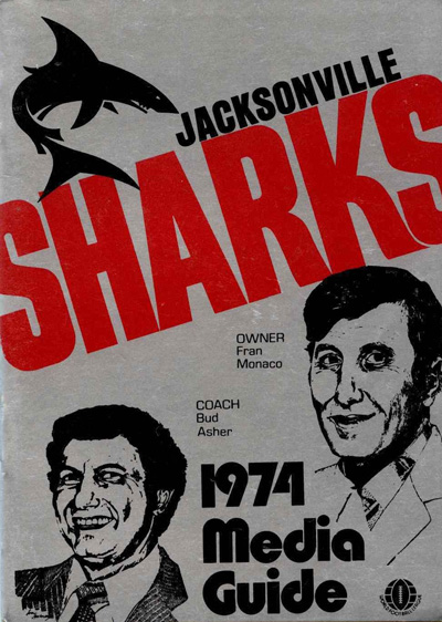 Illustrations of owner Fran Monaco and Head Coach Bud Asher on the cover of the 1974 Jacksonville Sharks media guide from the World Football League