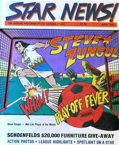 Illustration of Steve Zungul on the cover of a 1986 Tacoma Stars program from the Major Indoor Soccer League