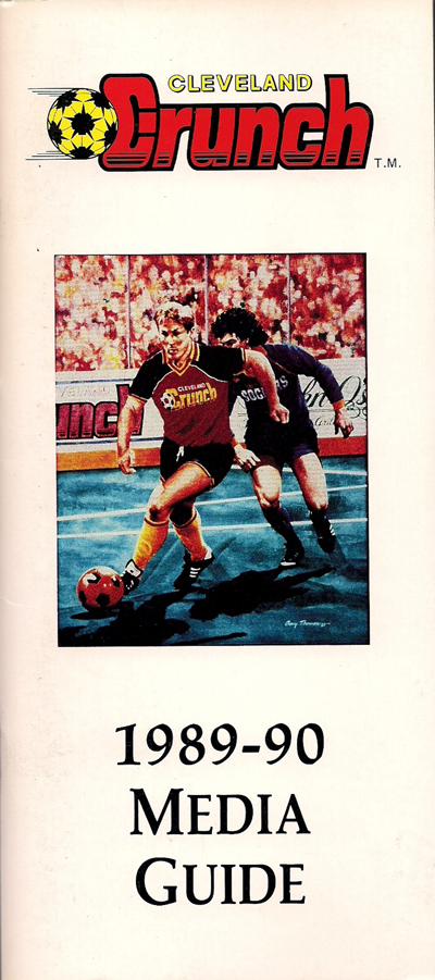 Illustration of Kai Haaskivi on the cover of the 1989-90 Cleveland Crunch media guide from the Major Indoor Soccer League