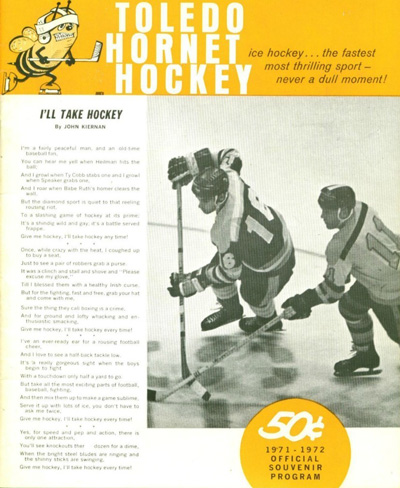 1971-72 Toledo Hornets Program from the International Hockey League