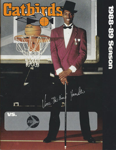 Vince Hamilton on the cover of a 1988-89 La Crosse Catbirds program from the Continental Basketball Association
