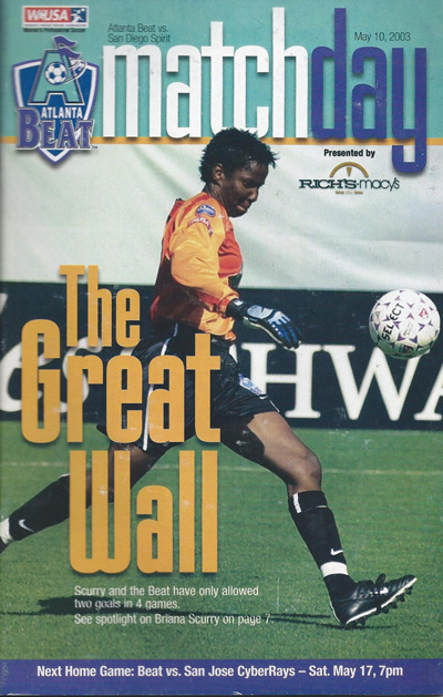 Goalkeeper Briana Scurry on the cover of a 2003 Atlanta Beat program from the Women's United Soccer Association