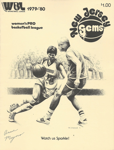 Illustration of Ann Meyers on the cover of a 1980 New Jersey Gems basketball program