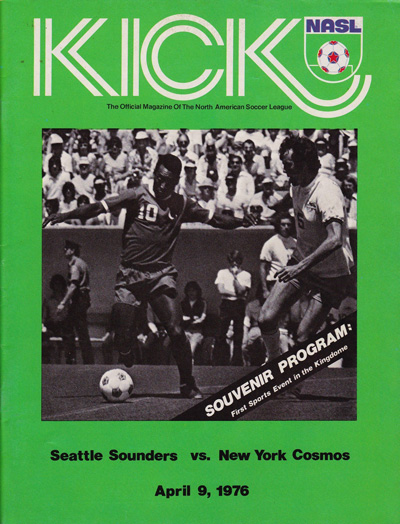 Pele of the New York Cosmos on the cover of a 1976 Seattle Sounders program from the North American Soccer League
