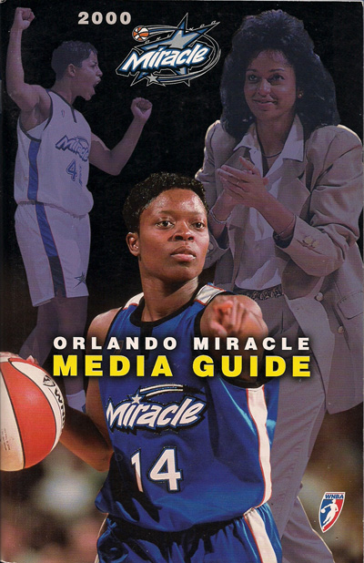 Shannon Johnson on the cover of the 2002 Orlando Miracle Media Guide from the Women's National Basketball Association