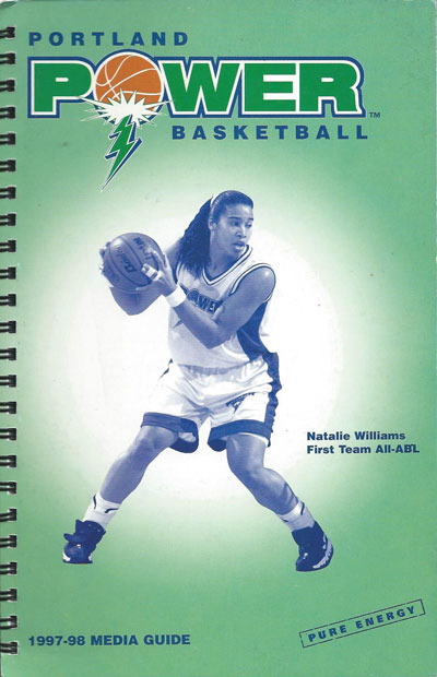 Natalie Williams on the cover of the 1997-98 Portland Power media guide from the American Basketball League