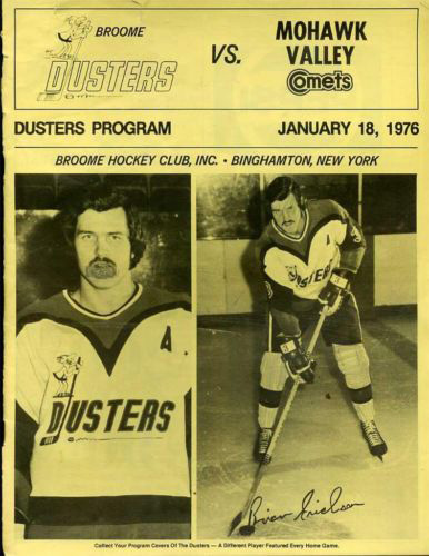 Brian Erickson on the cover of a 1976 Broome Dusters program from the North American Hockey League