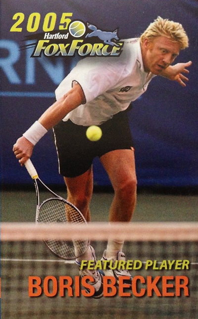 Boris Becker in action on a 2005 Hartford FoxForce pocket schedule from World Team Tennis