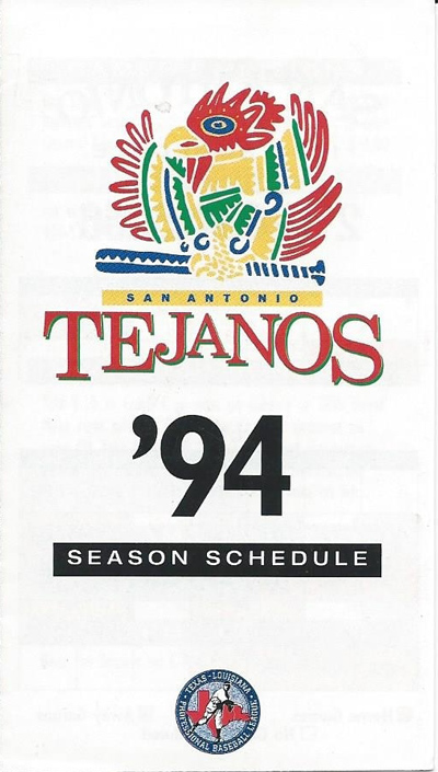 1994 San Antonio Tejanos baseball pocket schedule from the Texas-Louisiana League