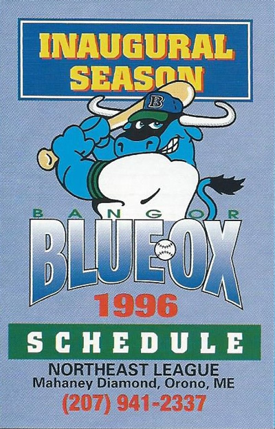 1996 Bangor Blue Ox Baseball Pocket Schedule from the Northeast League