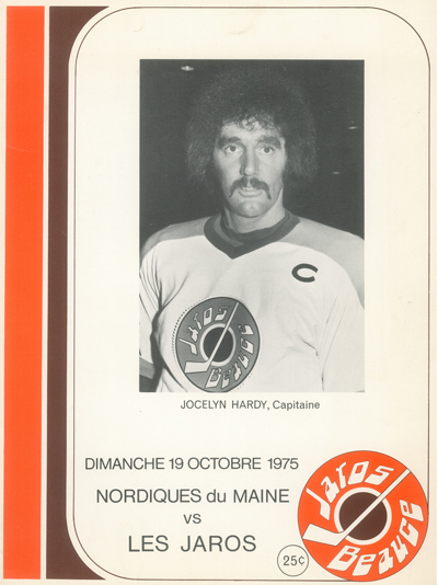 Jocelyn Hardy on the cover of a 1975 Beauce Jaros program from the North American Hockey League