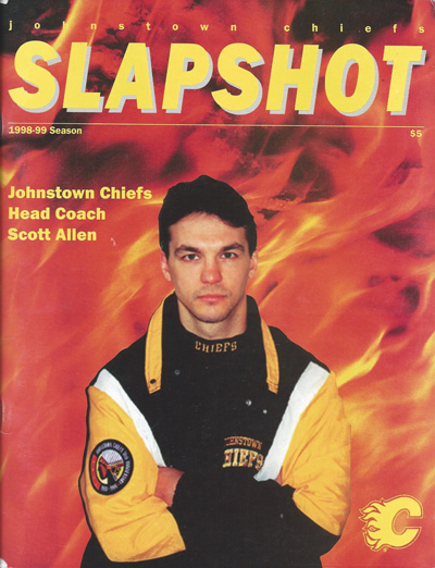 Head Coach Scott Allen on the cover of a 1998-99 Johnstown Chiefs program from the East Coast Hockey League