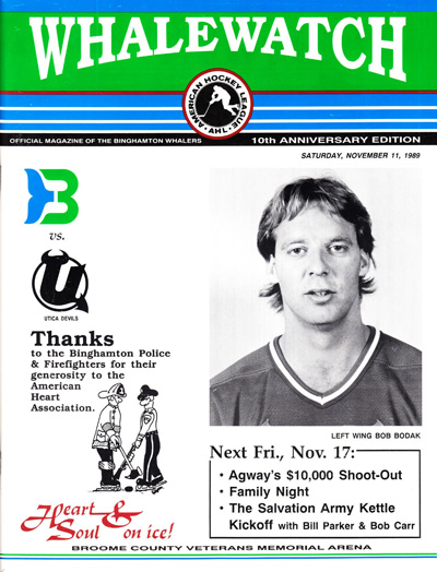 Bob Bodak on the cover of a 1989 Binghamton Whalers program from the American Hockey League