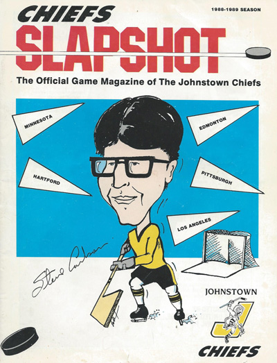 Illustration of head coach Steve Carlson on the cover of a 1988 Johnstown Chiefs program from the East Coast Hockey League
