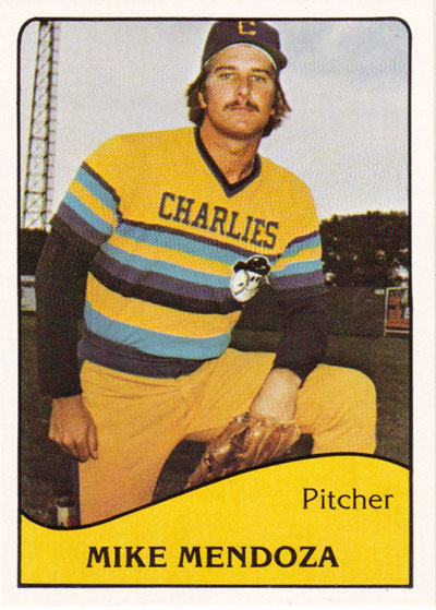 Pitcher Mike Mendoza of the 1979 Charleston Charlies pictured on his 1979 TCMA Trading Card