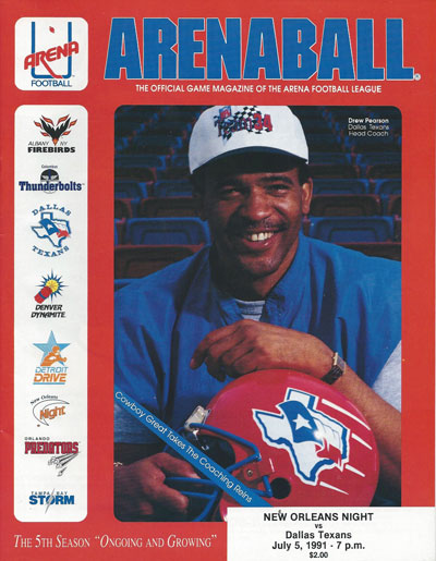 Head Coach Drew Pearson of the Dallas Texans on the cover of a 1991 New Orleans Night program from the Arena Football League