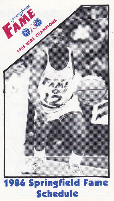Michael Adams on the front of a 1986 Springfield Fame pocket schedule from the United States Basketball League