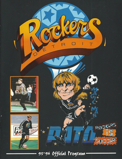 Illustration of Pato Margetic on the cover of a 1995 Detroit Rockers program from the National Professional Soccer League