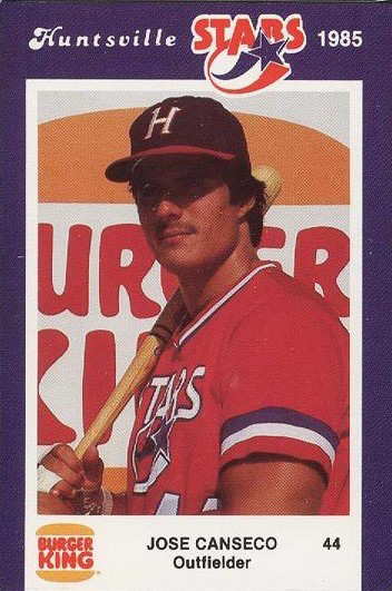 Outfielder Jose Canseco on a 1985 Huntsville Stars minor league baseball trading card