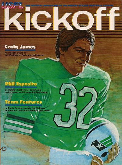 Illustration of Washington Federals running back Craig James on the cover of a 1983 United States Football League program