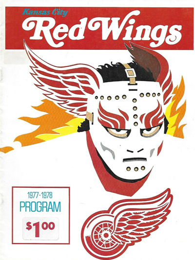 Illustration of a goaltender on the cover of a 1977-78 Kansas City Red Wings program from the Central Hockey League