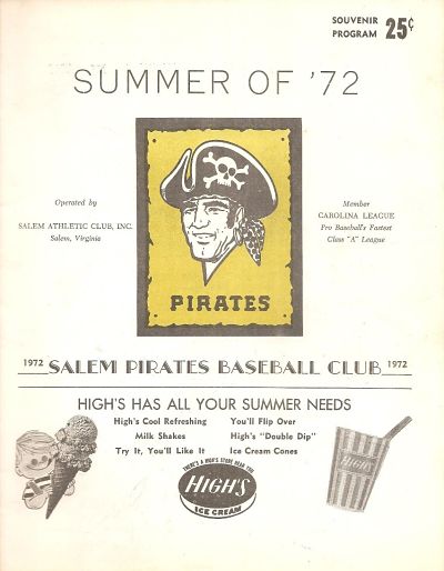 1972 Salem Pirates baseball program from the Carolina League