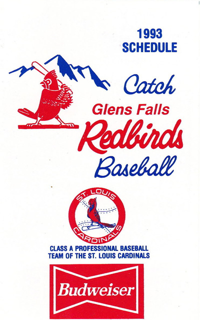 1993 Glens Falls Redbirds Baseball Pocket Schedule from the New York-Penn League