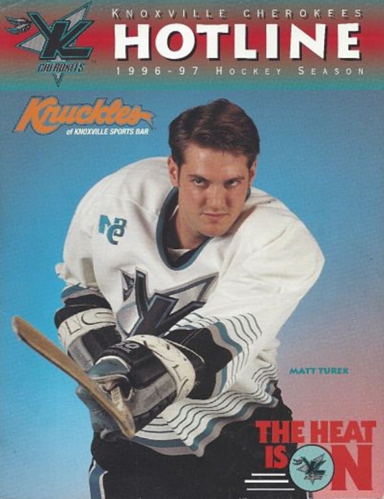 Matt Turek on the cover of a 1996-97 Knoxville Cherokees scorecard from the East Coast Hockey League