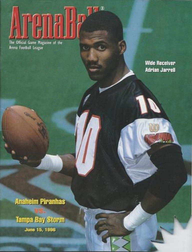 Adrian Jarrell on the cover of a 1996 Anaheim Piranhas program from the Arena Football League