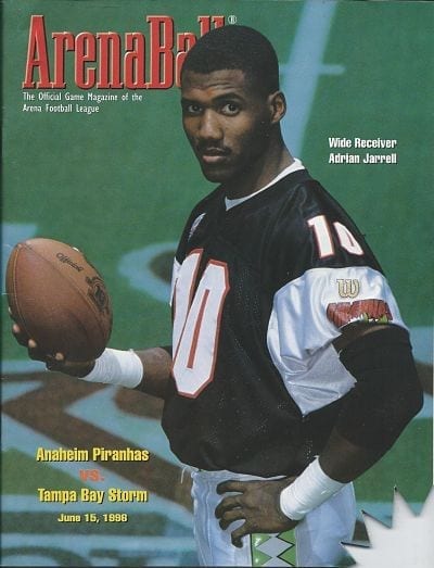 Adrian Jarrell on the cover of a 1996 Anaheim Piranhas program from the Arena Football League