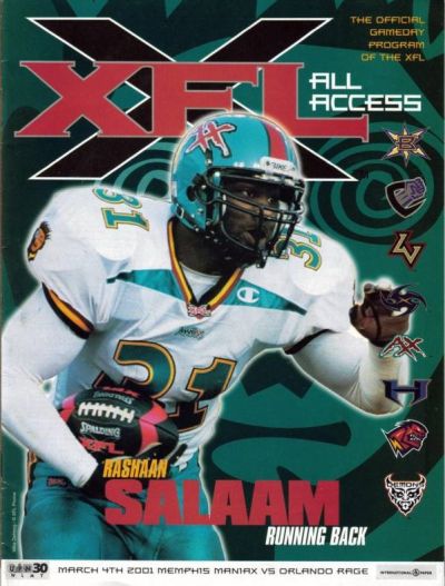 Rashan Salaam on the cover of a 2001 Memphis Maniax program from the XFL