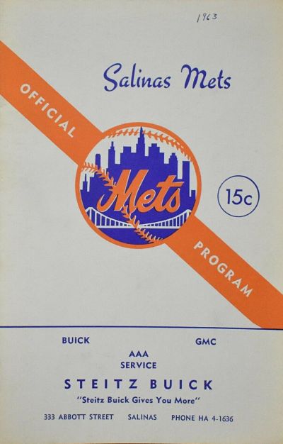 1963 Salinas Mets baseball program from the California League