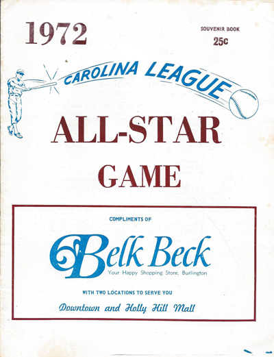 1972 Carolina League All-Star Game Program hosted by the Burlington Rangers