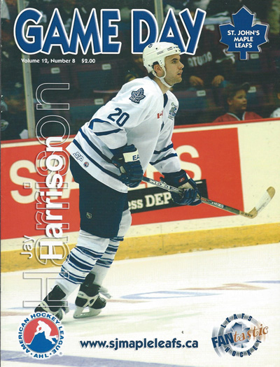 Jay Harrison on the cover of a 2003 St. John's Maple Leafs program from the American Hockey League
