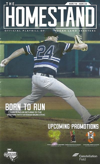 Pitcher Dan Runzler on the cover of a 2019 Sugar Land Skeeters Baseball Program from the Atlantic League