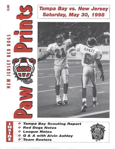 Alvin Ashley on the cover of a 1998 New Jersey Red Dogs program from the Arena Football League